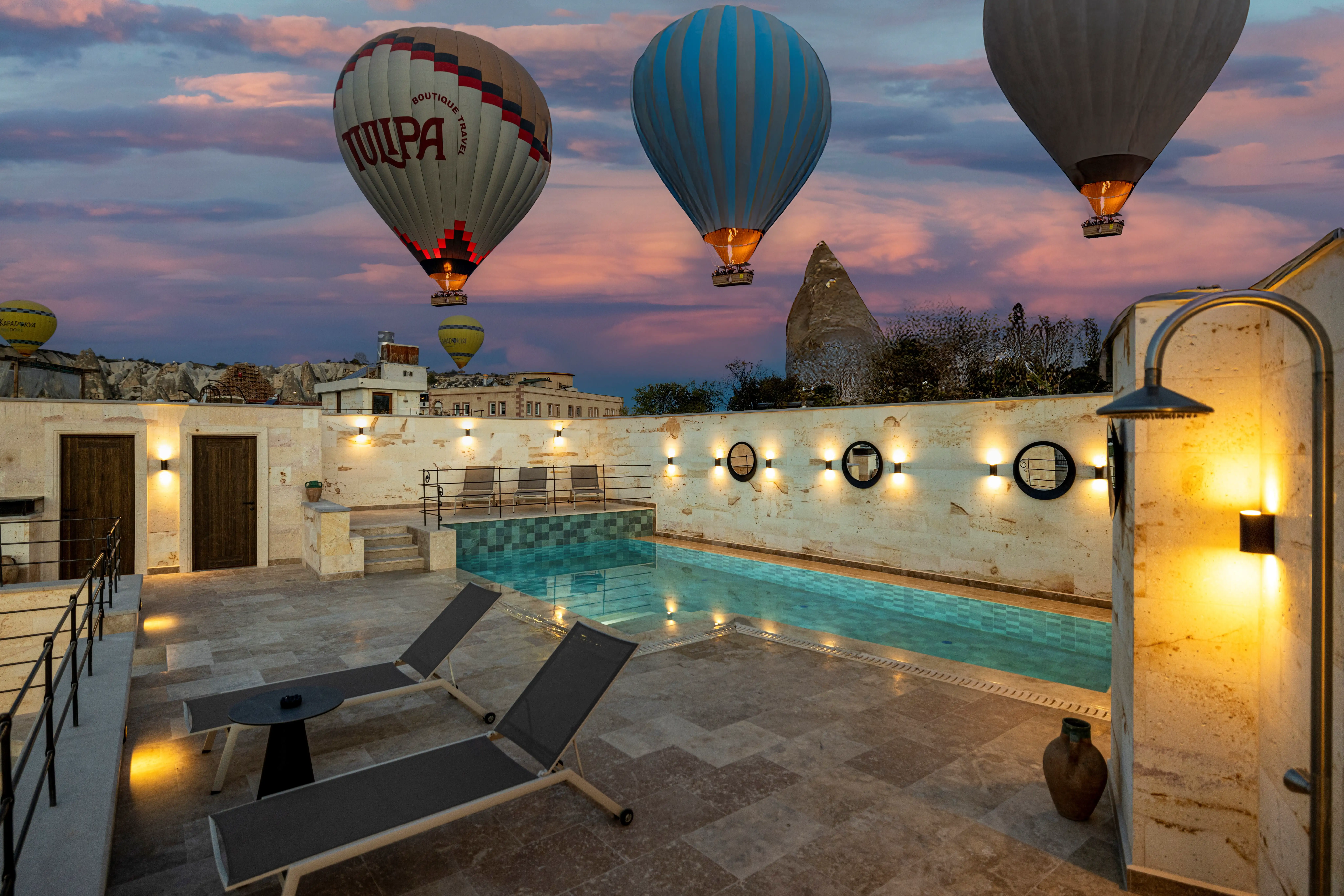 Hot air balloon tour over Cappadocia landscape